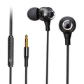 Wired in-ear headphones with silicone earplugs, 3.5mm plug and built-in microphone on a white background