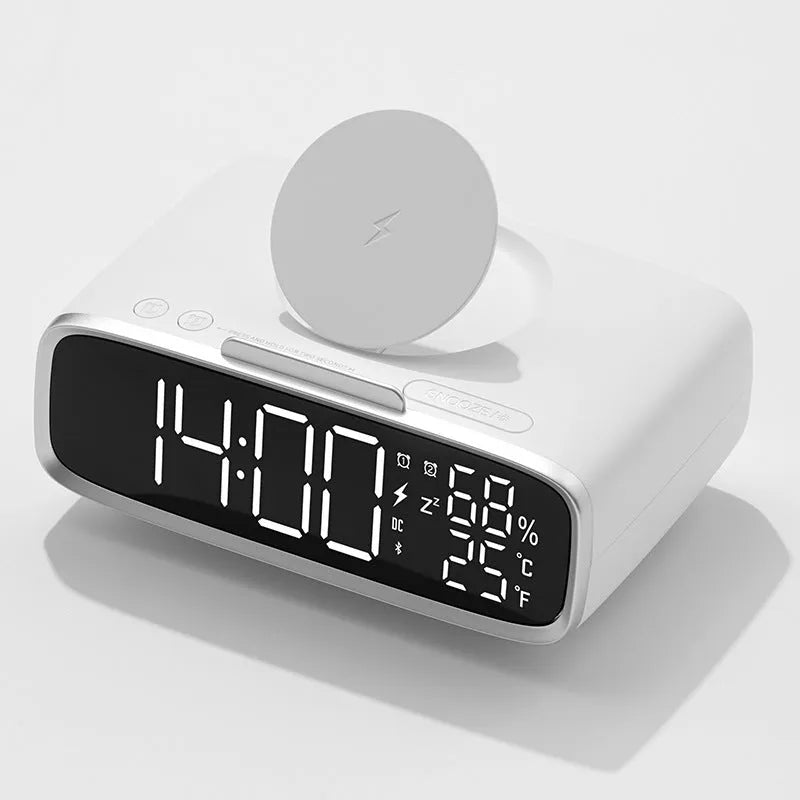 White round Bluetooth speaker wireless charger with night light function on bedside table