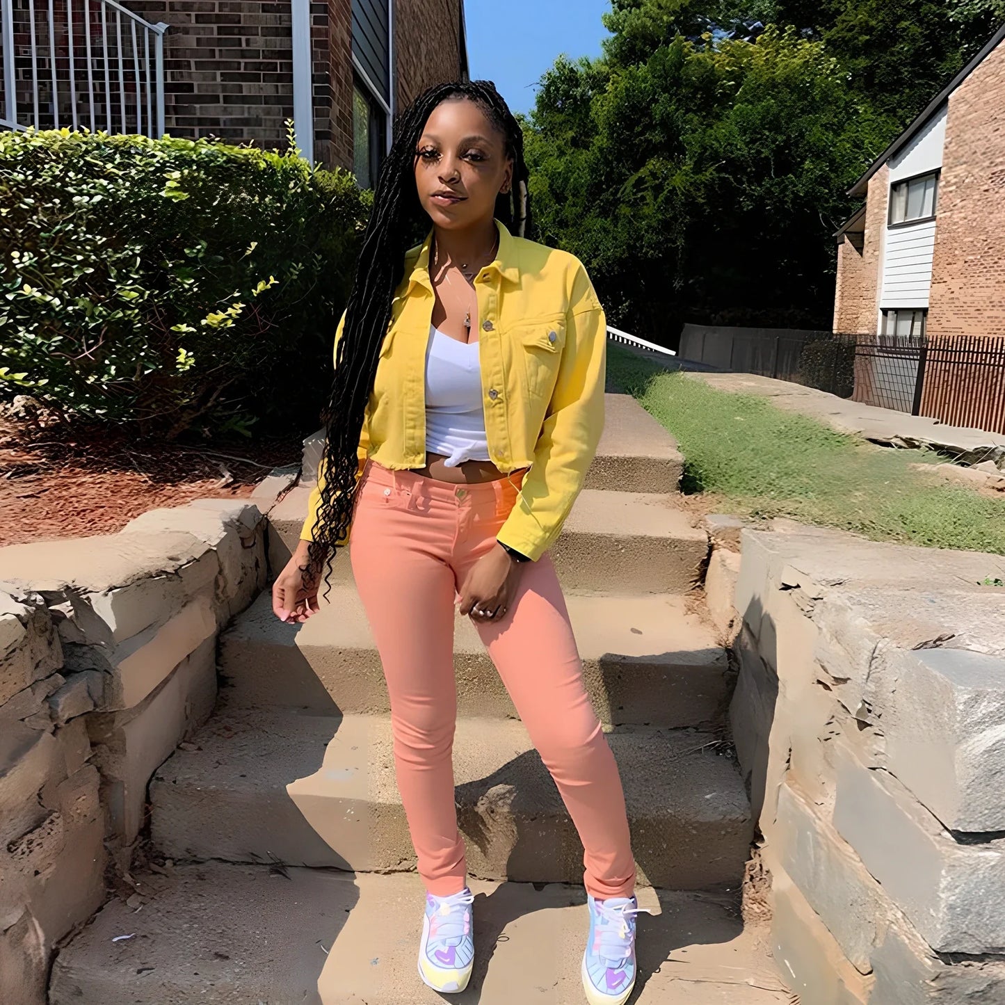 Orange cropped women's denim jacket with lapel collar, long sleeves 46cm, pockets, length 41cm, 0.35kg weight