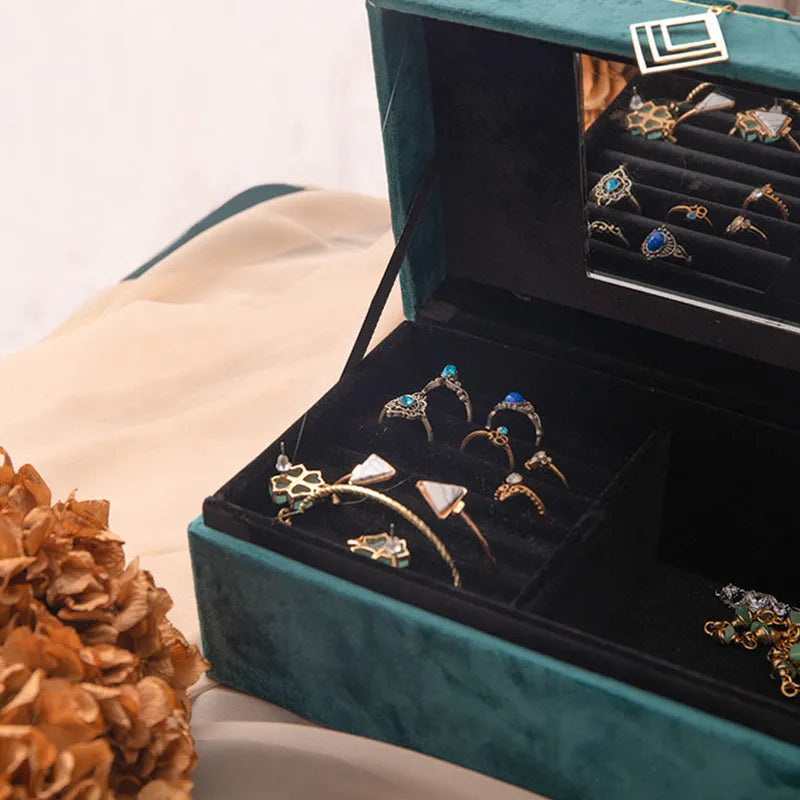 Blue plastic jewellery box with gold flannel interior for desktop storage
