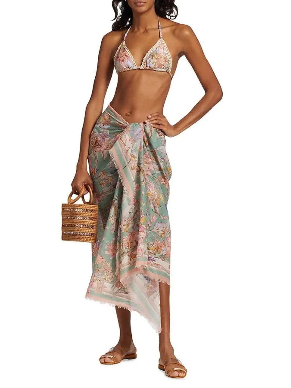 Women's creamy-white floral bikini suit with skirt for beach swimming