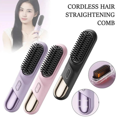 Cordless hair straightener brush in pink, black, and purple options for wet and dry hair styling