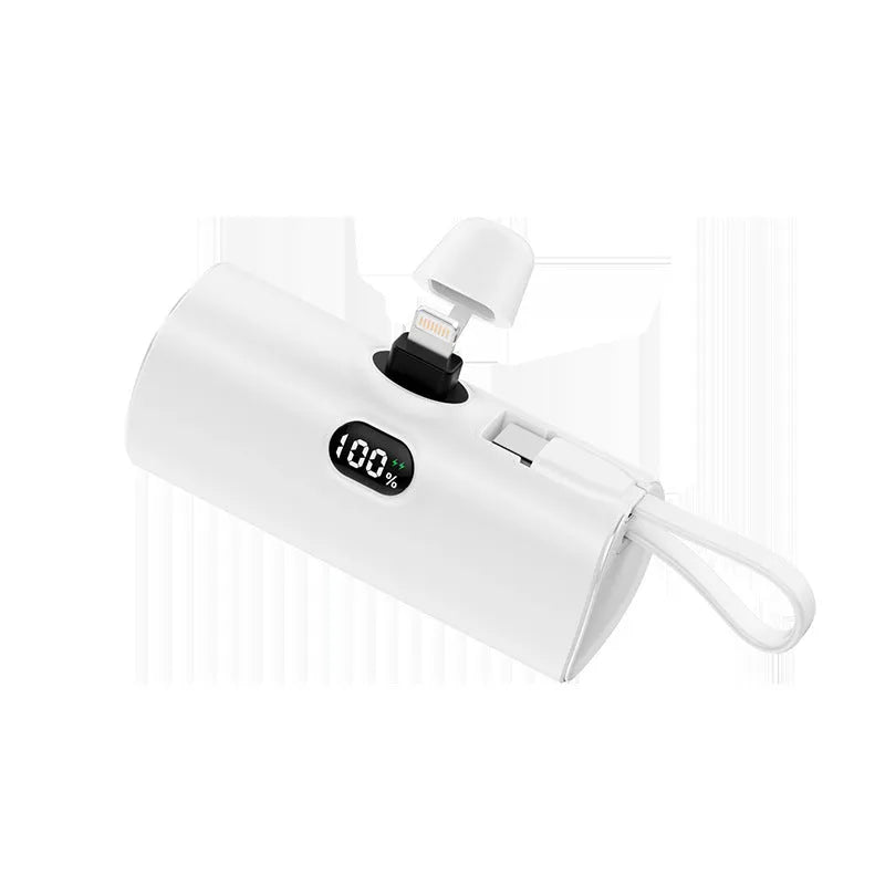 Compact digital display power bank with built-in foldable plug in five colour options.