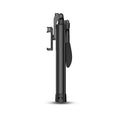 Black aluminium alloy Bluetooth selfie stick with tripod legs extended and remote control, shown at different lengths