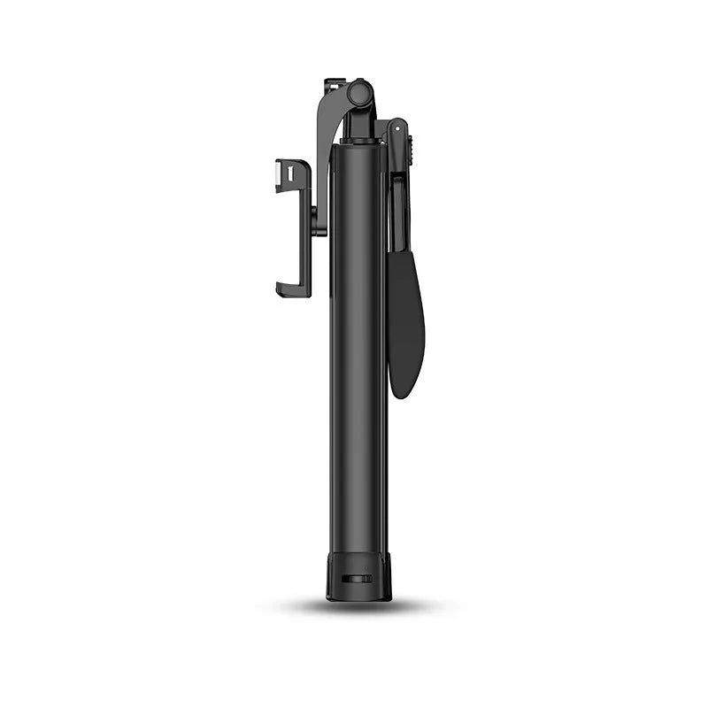 Black aluminium alloy Bluetooth selfie stick with tripod legs extended and remote control, shown at different lengths
