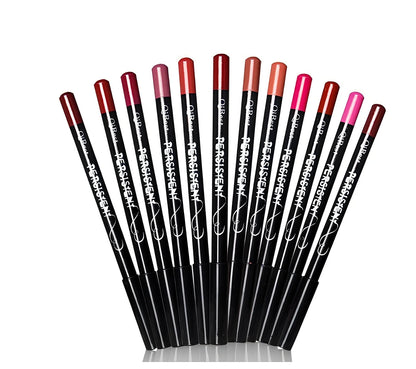 12-piece set of colourful waterproof lip liner pencils for professional makeup, including shades for lips, brows, and eyes