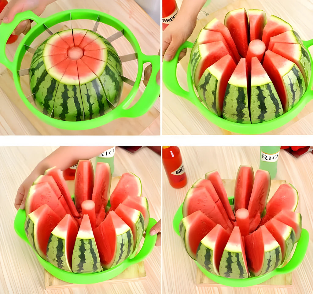 Green-handled watermelon slicer with 410 stainless steel blade on a kitchen counter