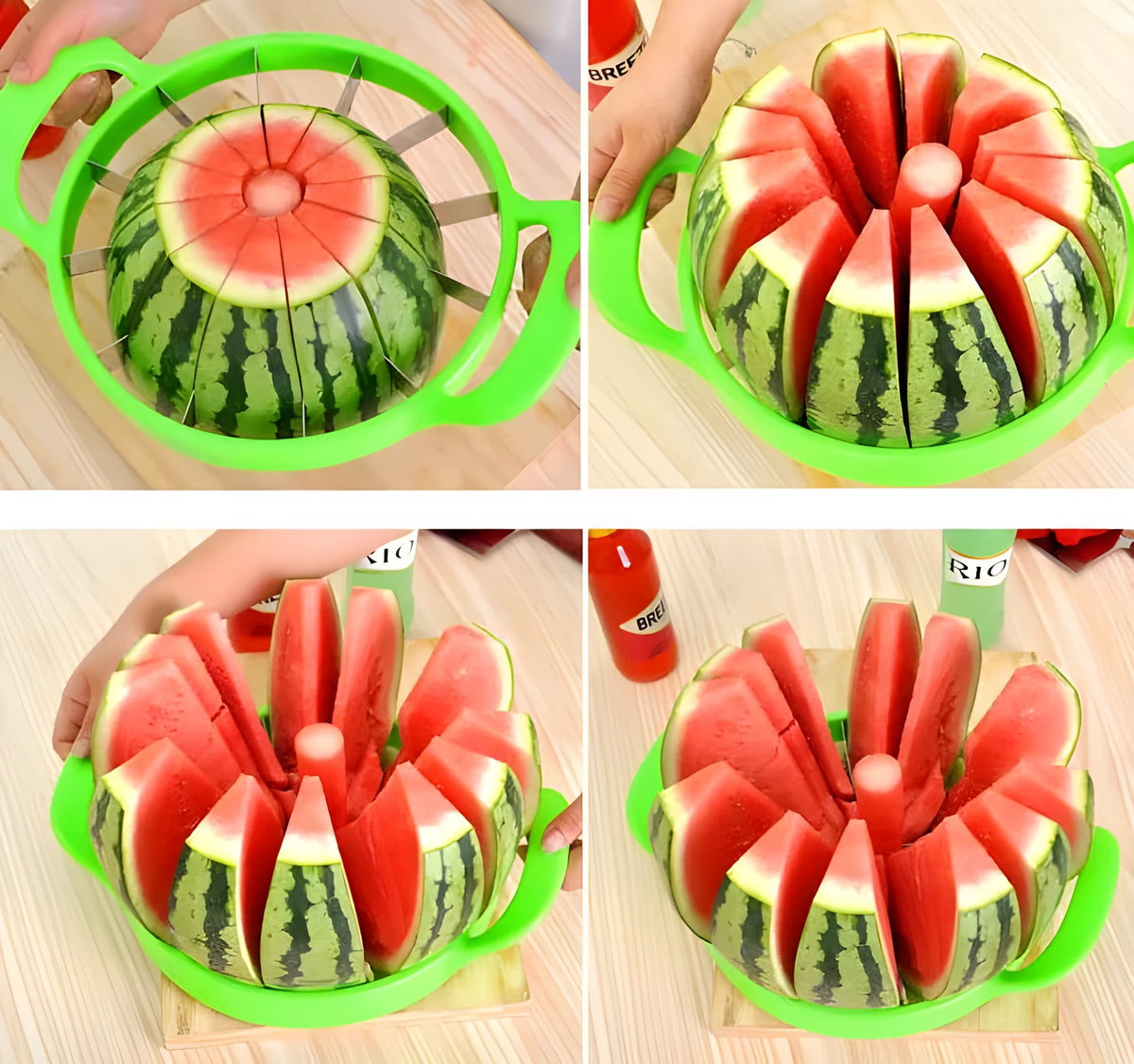 Green-handled watermelon slicer with 410 stainless steel blade on a kitchen counter