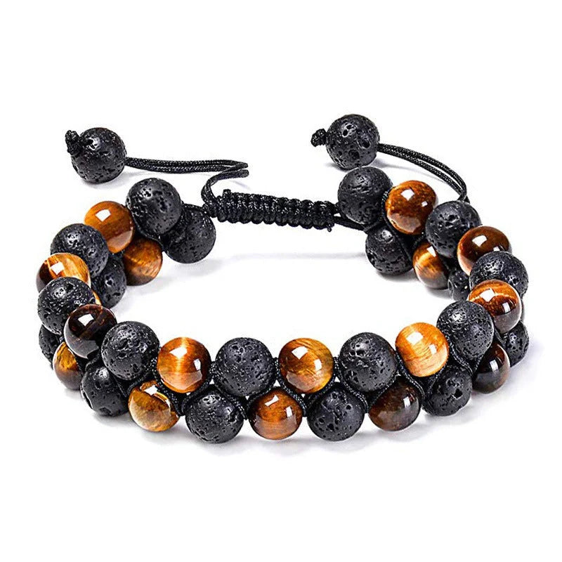 Tiger Eye Couple Bracelets with matte black agate beads, modern geometry design