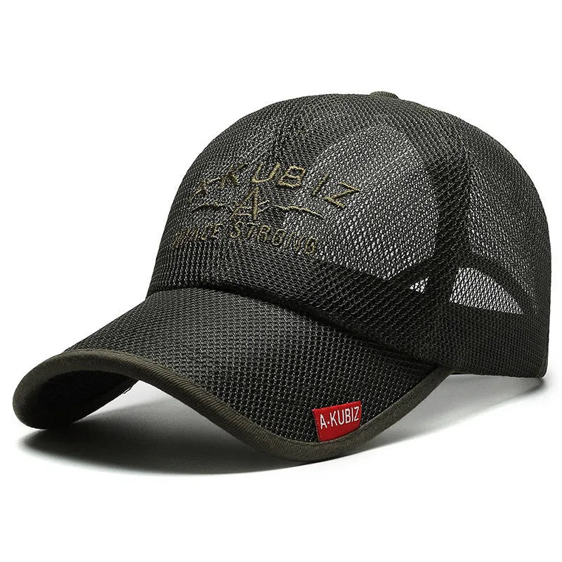 Men's adjustable cotton mesh baseball cap in khaki colour with dome crown styling
