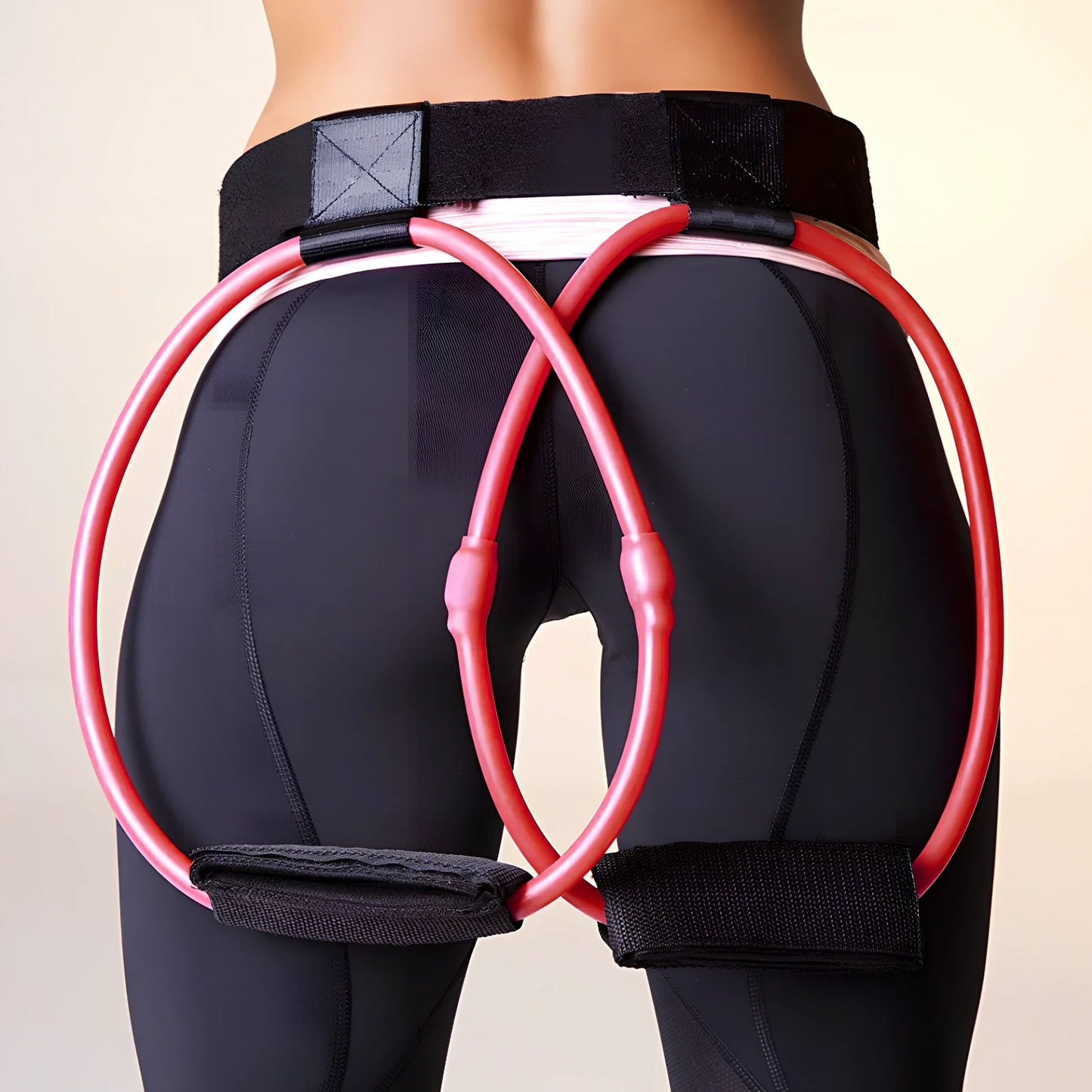 Women's adjustable waist resistance band with colour-coded latex tubes and pedal exerciser foot straps