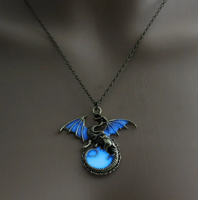 Glowing Vintage Flying Dragon Necklace with luminous pendant in ancient bronze and silver plating options