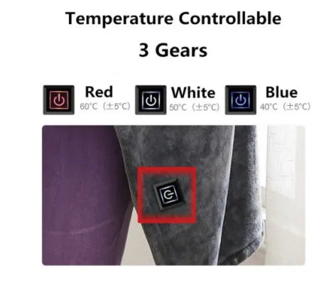 Dark grey USB electric heated blanket made from coral fleece, shown with a USB cable.