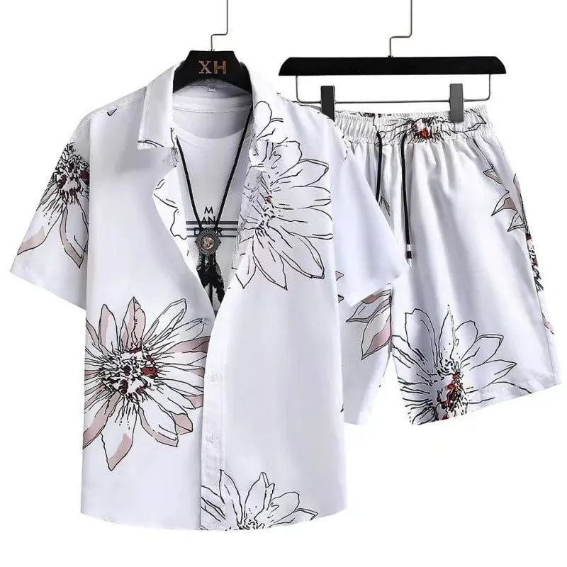 Man wearing a digital print short-sleeve cardigan and matching shorts from a casual suit set.