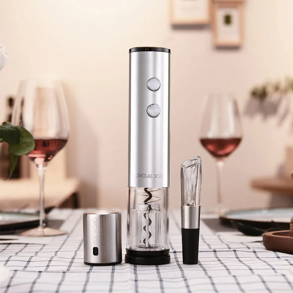 Silver electric corkscrew wine bottle opener with stainless steel finish in a gift box set