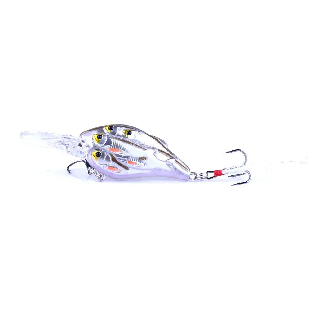 A 7.5 cm long ABS plastic fishing lure with a feather hook, shown in one of nine available colours.