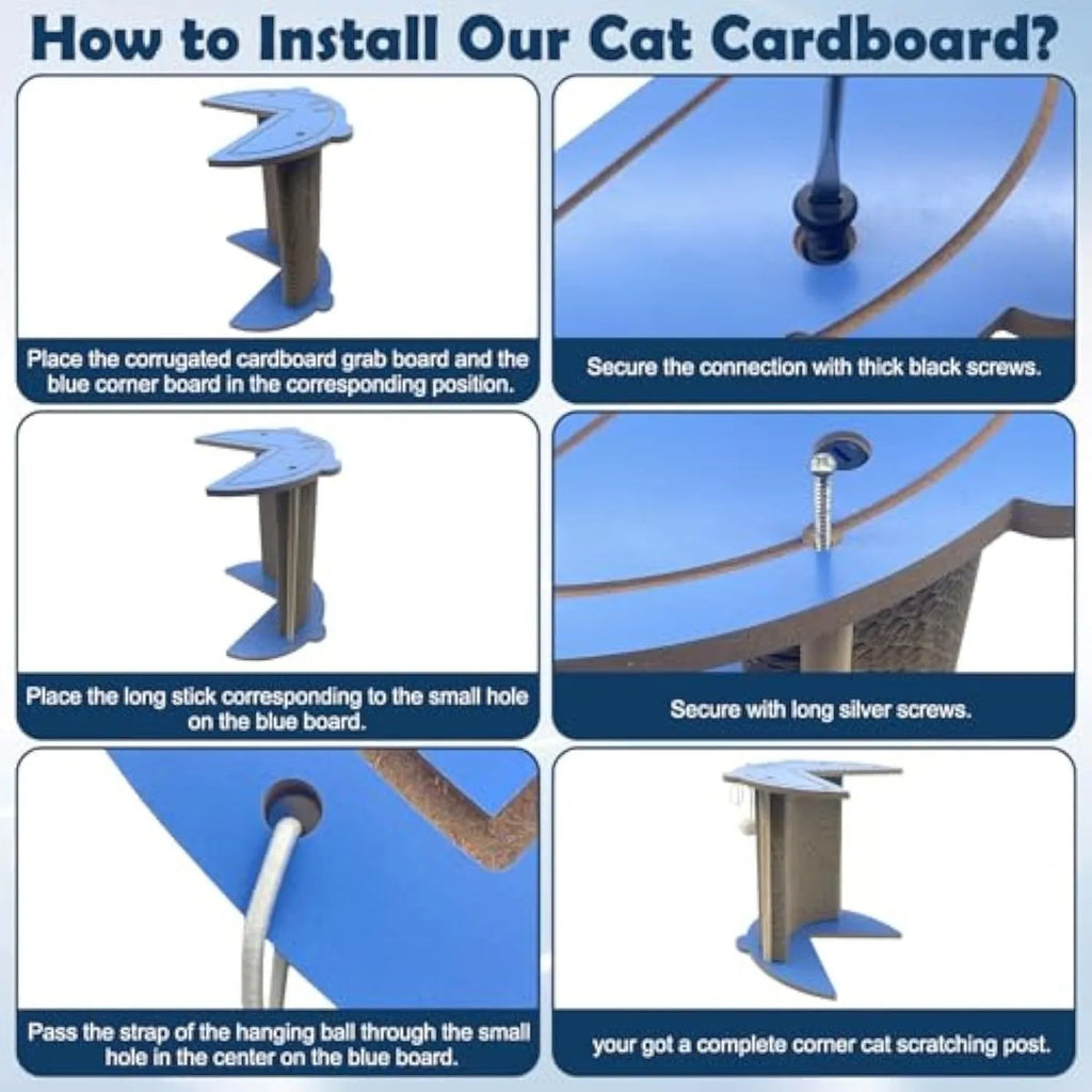 Grey cardboard corner cat scratching pad with hanging ball against a white wall.