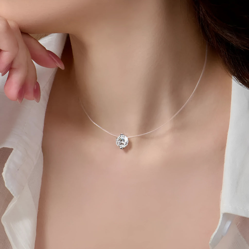 Women's 925 silver moissanite clavicle necklace with invisible fishing line setting and plum blossom detail.