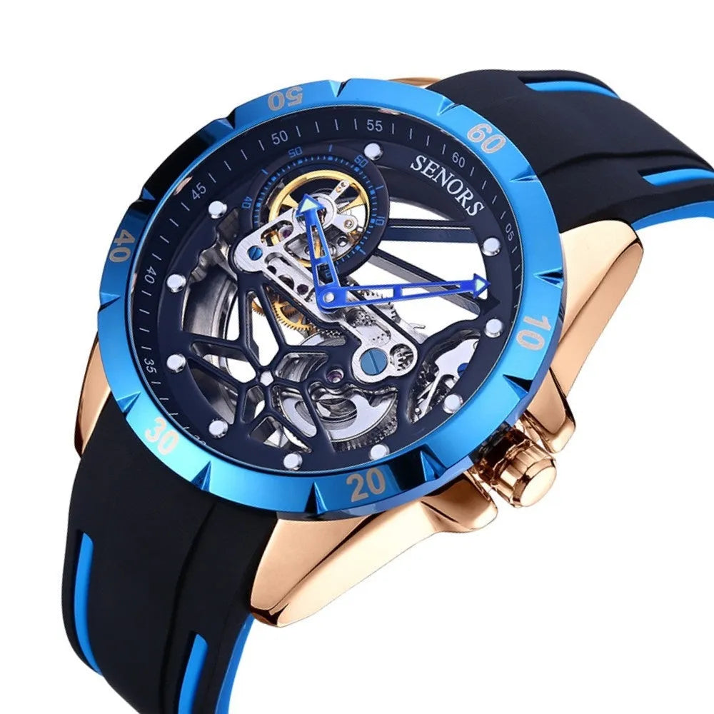 Automatic mechanical men's watch with skeleton dial in rose gold case