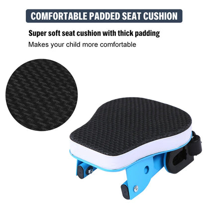 Front-mounted bicycle child seat with foldable pedals and quick-release clamp for 31.8mm seatposts