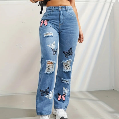 Women's high-waisted straight-leg jeans with butterfly print and distressed details