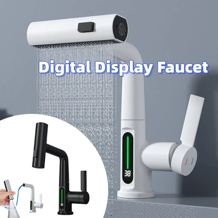 Sleek digital faucet with 360-degree swivel spout and LED temperature display for modern kitchen or bathroom