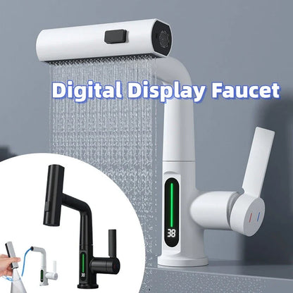 Sleek digital faucet with 360-degree swivel spout and LED temperature display for modern kitchen or bathroom