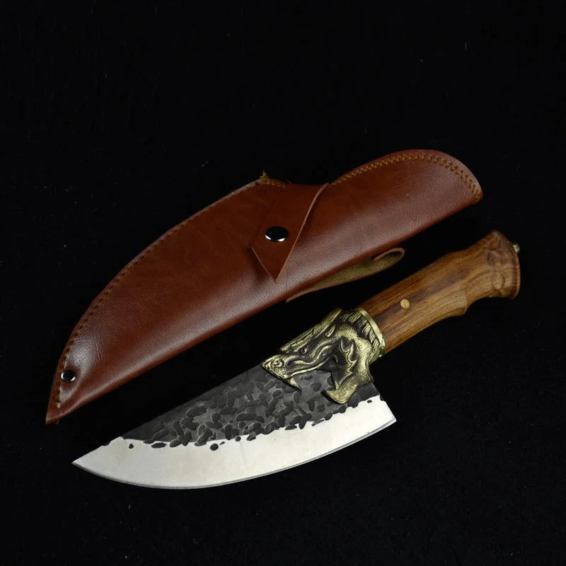Hand-forged slicing knife with rosewood handle and leather case