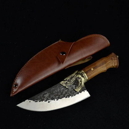 Hand-forged slicing knife with rosewood handle and leather case