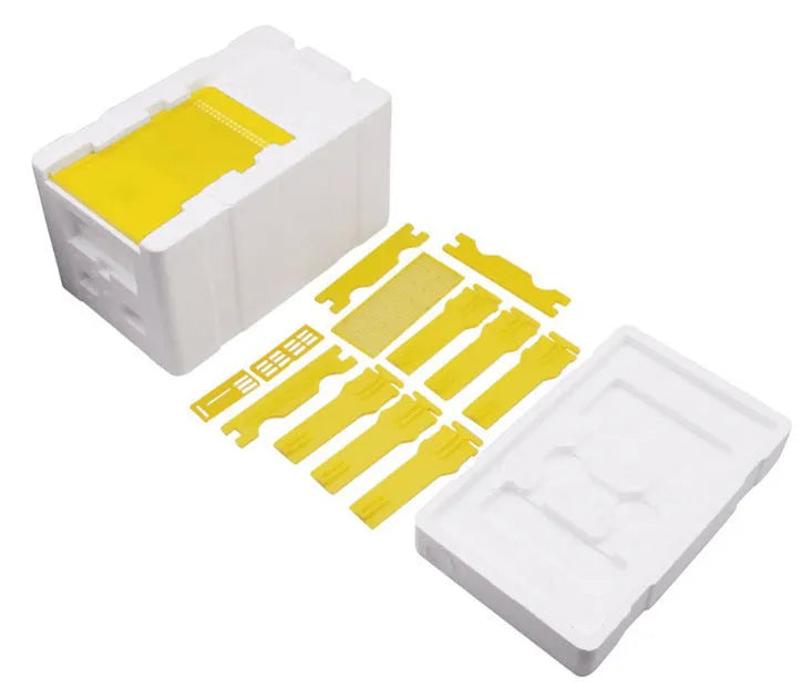 Three white EPS foam bee delivery boxes for hive breeding and pollination management