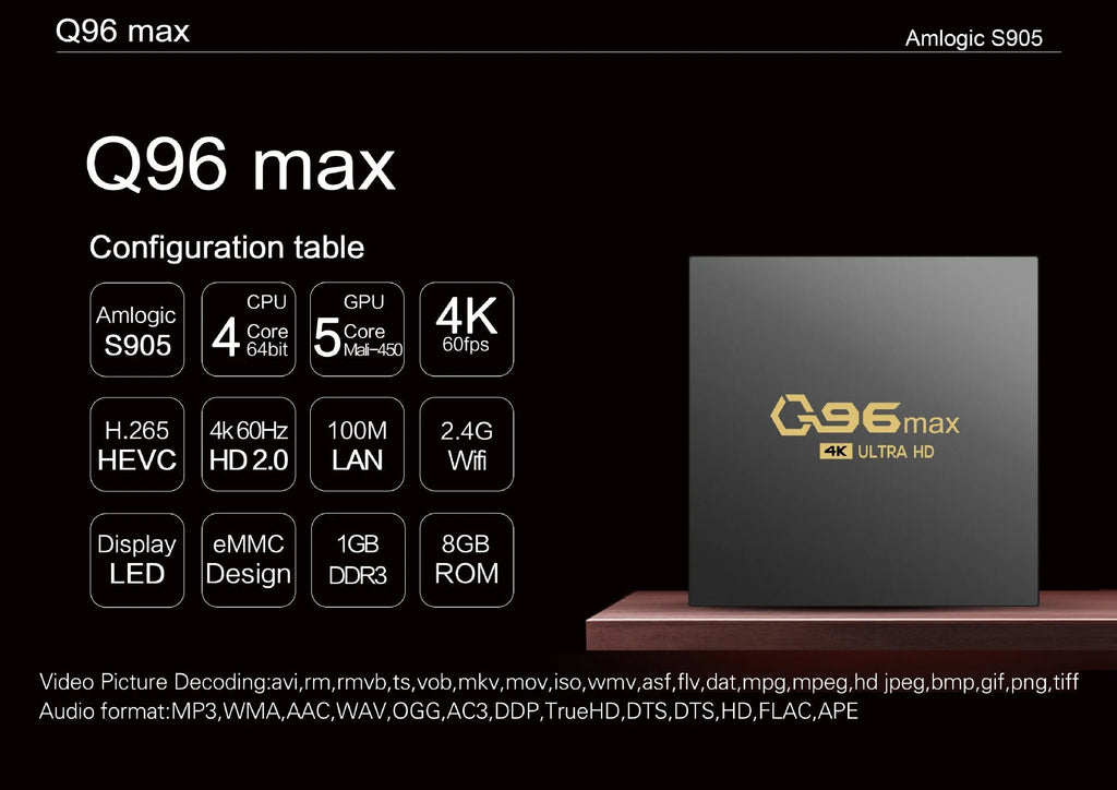 Q96 MAX S905 Android 4K TV Box streaming media player with remote control and accessories on a wooden table.