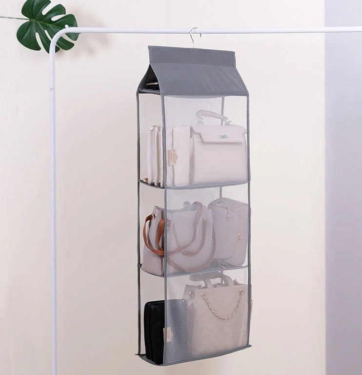 Foldable hanging multi-layer sundries storage rack in grey and beige