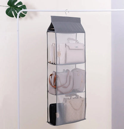 Foldable hanging multi-layer sundries storage rack in grey and beige