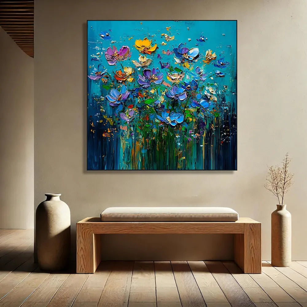 Hand-painted knife flower oil painting on square canvas, modern floral design, unframed, textured 3D effect