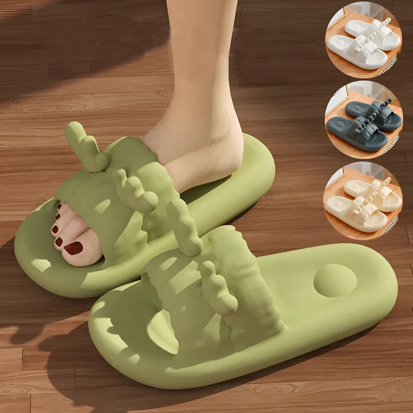 Women's flip-flop style slippers with deer horn design, shown in light yellow on a non-slip EVA sole.