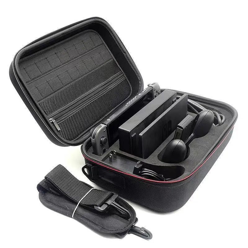 Black EVA hard case game console accessory storage bag shown with two size options.