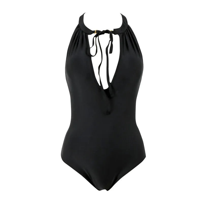 Women's one-piece slimming swimsuit in solid black colour with nylon and spandex lining, sleeveless design