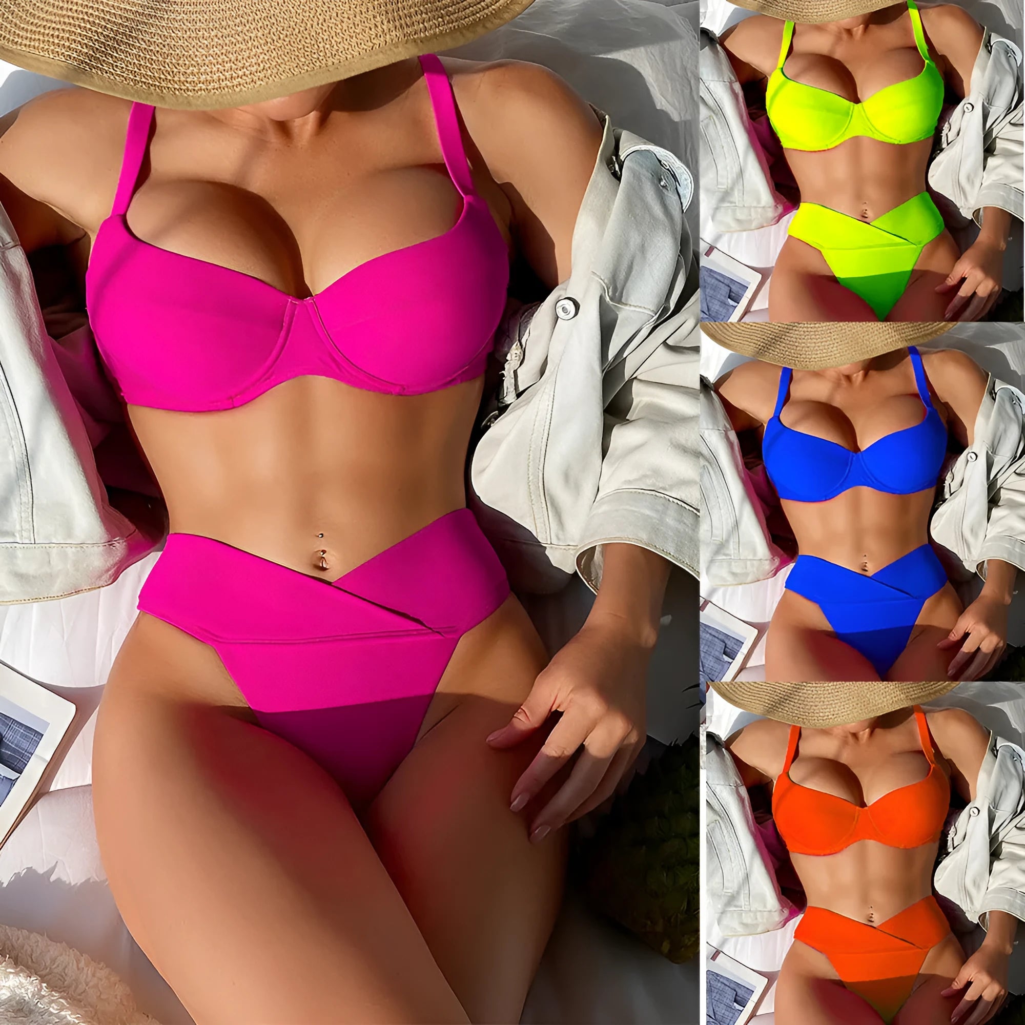 Solid colour bikini swimsuit in briefs style on a mannequin, showing the sleeveless bra and panty.