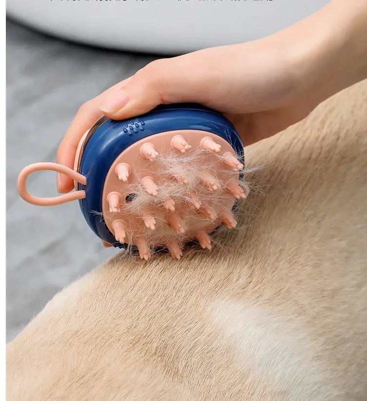 Blue pet bathing brush with shampoo dispenser and silicone bristles for cats and dogs