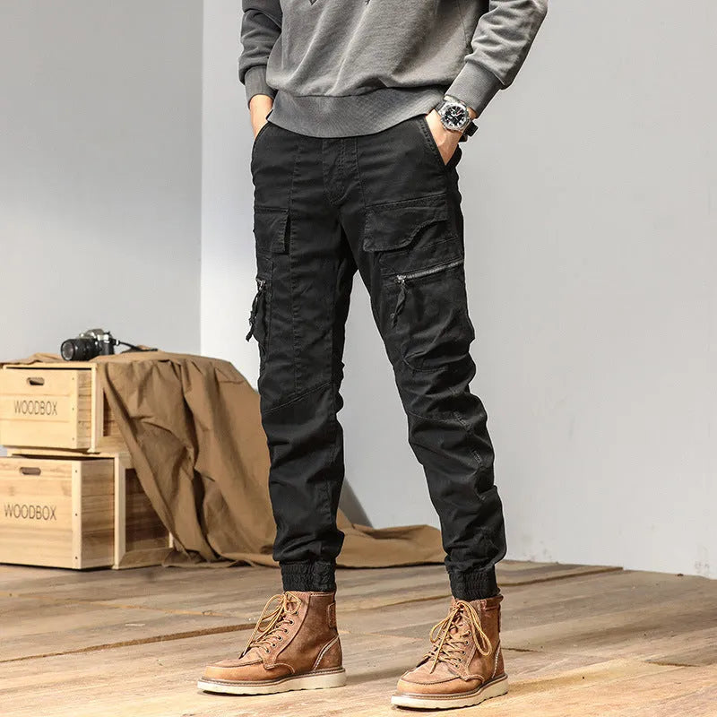 Japanese style cotton overalls for men, mid-waist straight leg, Army Green colour