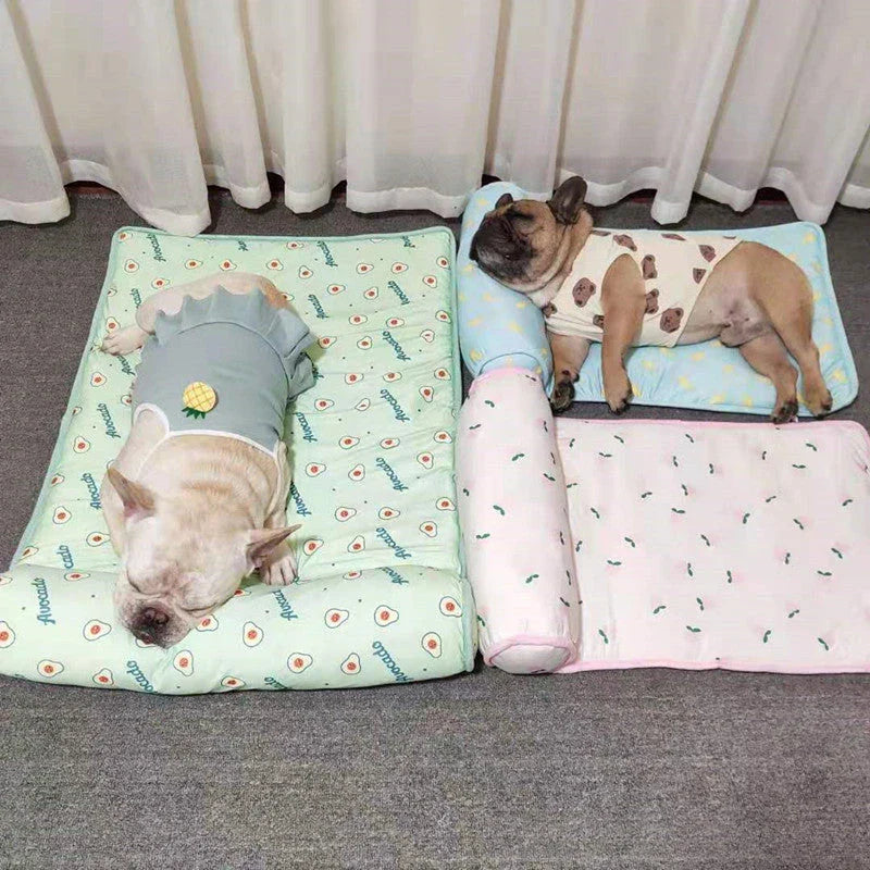 Cooling Breathable Pet Bed made of ice silk fabric with a plush, pillow-like design for superior comfort and cooling relief