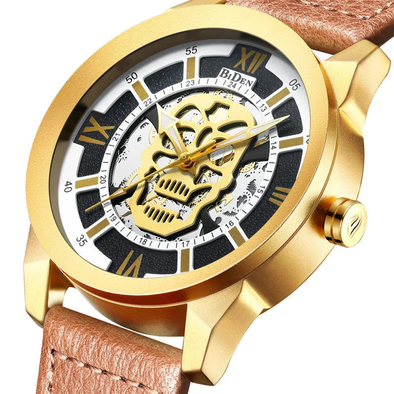 Biden men's hollow quartz watch with brown leather strap showing calendar function