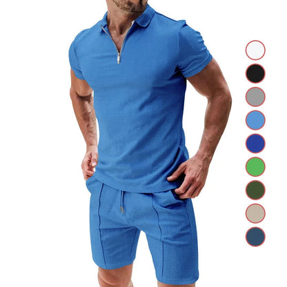 Men's summer waffle suit set with zipper lapel top and drawstring shorts in various colours