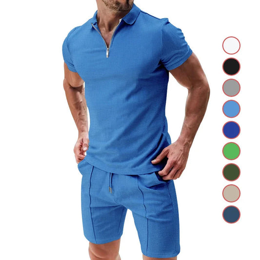 Men's summer waffle suit set with zipper lapel top and drawstring shorts in various colours