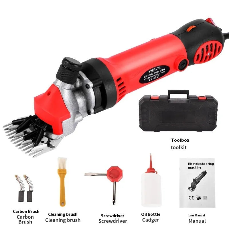 Yellow American 110V electric wool shears kit with multiple blade pairs and maintenance tools