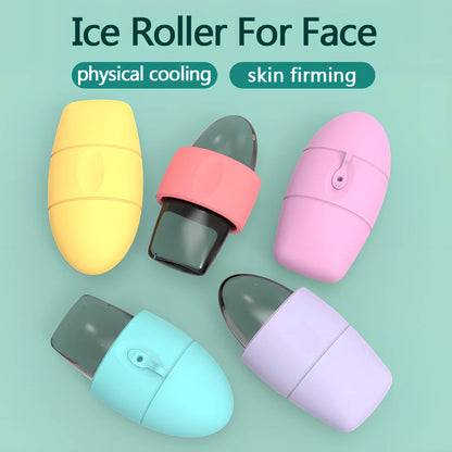 Pink silicone ice face roller mould for cooling massages, reducing pores and dark circles, compact 10-15cm design