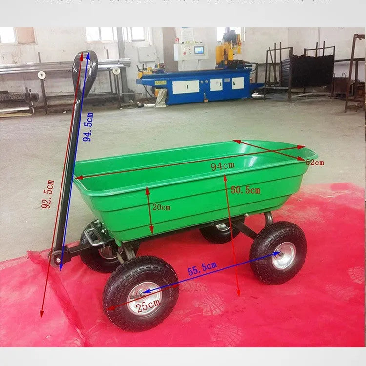 Green four-wheel plastic dump truck with steel frame and tipping bed