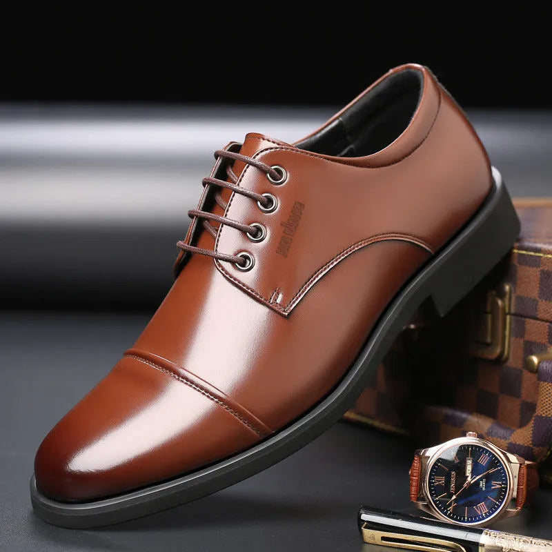 Men's genuine leather height increasing business shoes, JH001 Black, low-top round toe with sewing thread detailing
