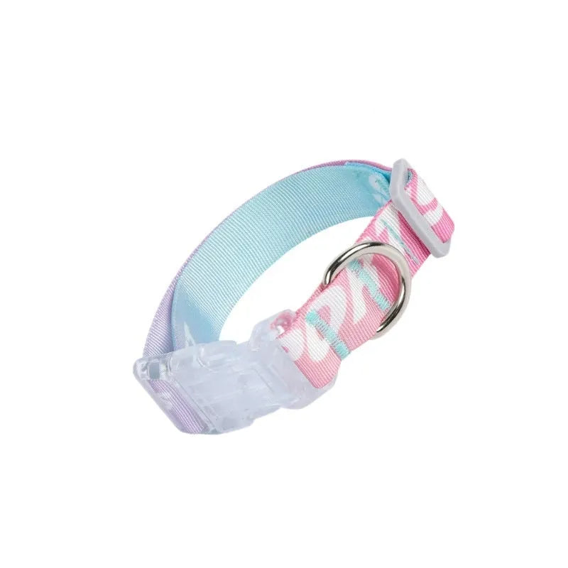 Green and colour gradient adjustable nylon dog collar with cartoon pattern, shown with buckle.