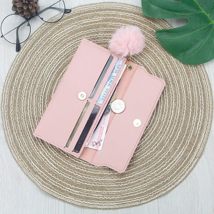 Ladies PU leather long hair ball bow purse with magnetic buckle in various colours